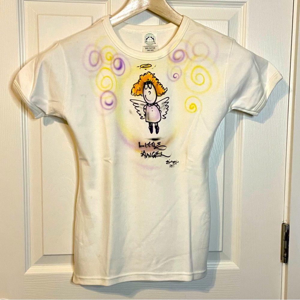 VTG white baby doll tee w/ custom airbrushed ‘Little Angel’ graphic sz S (?)